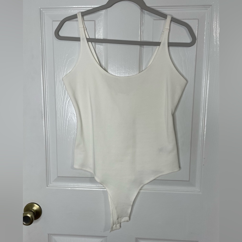 Thick White Scoop Neck Bodysuit with Button Clasp